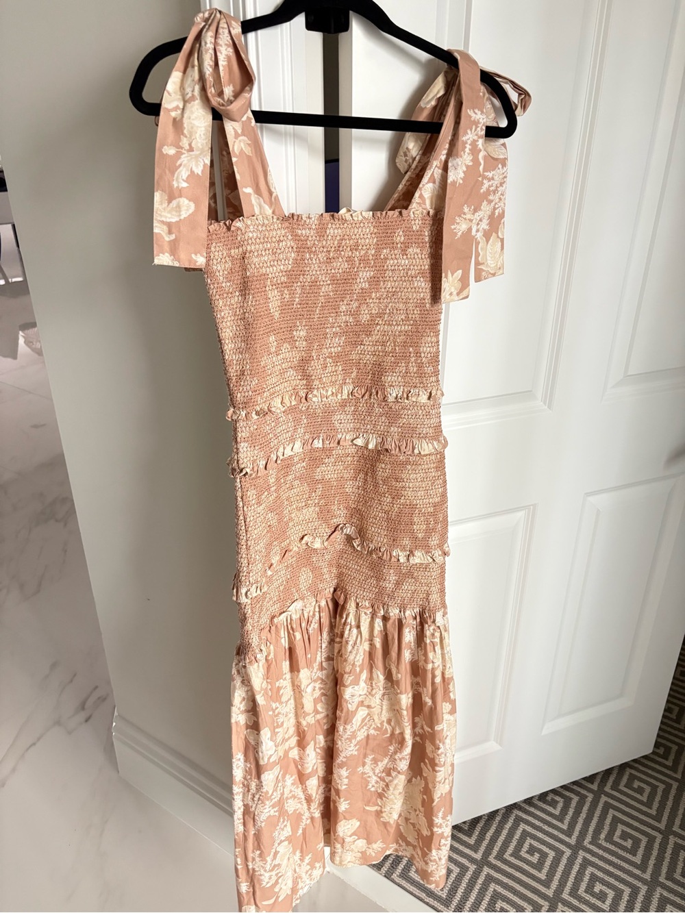 LoveShackFancy Blush Pink Floral Smocked Maxi Dress with Tie Shoulders